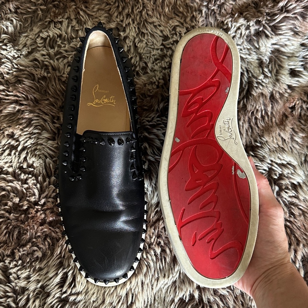 Christian Louboutin Black Leather Studded Accents Loafer Sneakers IT 40